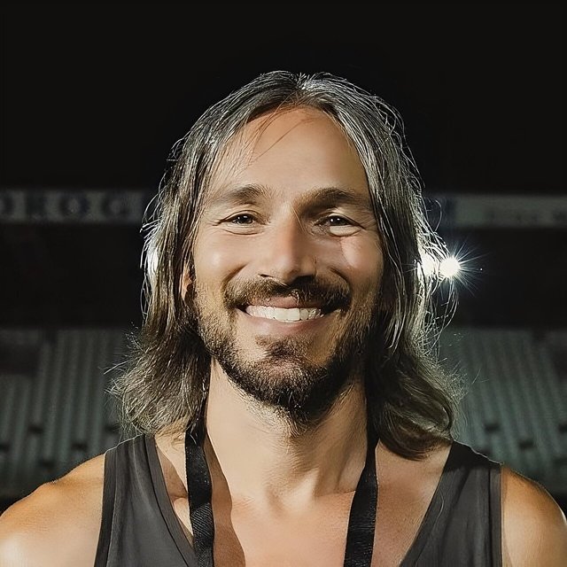 Close-up of Fabio, taken during the Rockin'1000 concert in Cesena in 2023
