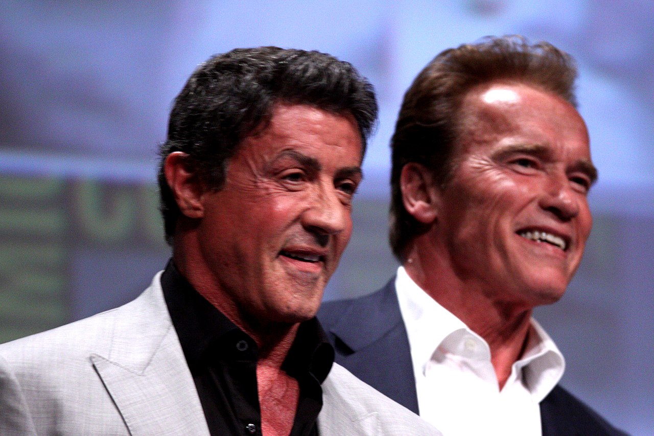 Sylvester Sly Stallone &amp; Arnold Schwarzenegger speaking at the 2012 San Diego Comic-Con International in San Diego, California.

Please attribute to Gage Skidmore if used elsewhere.
