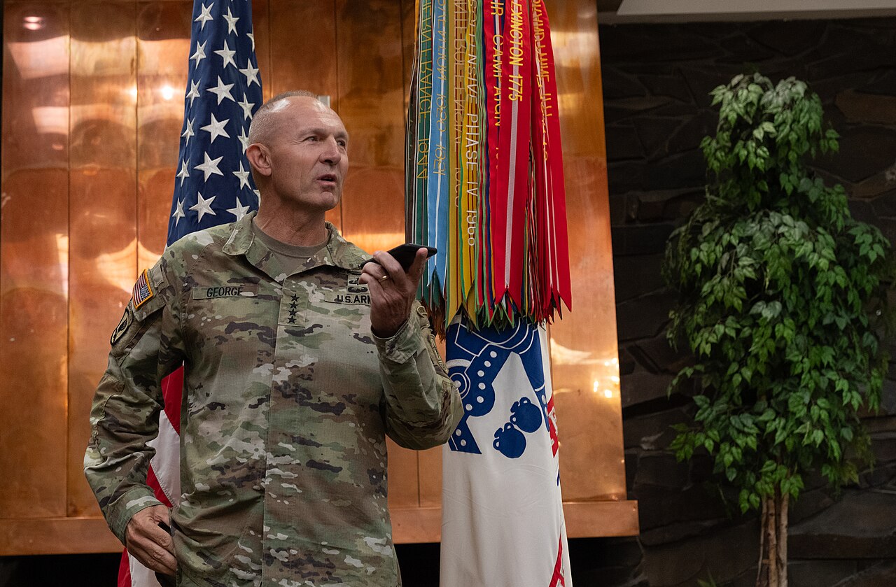 Gen. Randy George, former Vice Chief of Staff of the Army, takes the oath of office via a phone call with Christine Wormuth, Secretary of the Army, as he was sworn in as the Army’s 41st Chief of Staff