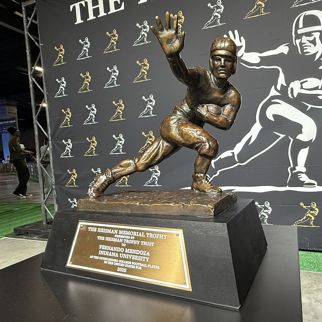 The Heisman Trophy of Fernando Mendoza, quarterback of the Indiana Hoosiers, at the Miami Beach Convention Center ahead of the 2026 College Football Playoff National Championship versus the Miami Hurr