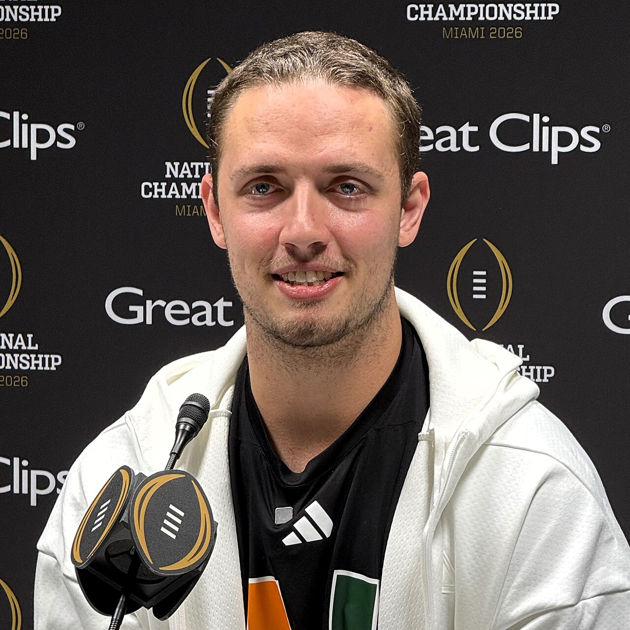 Carson Beck, quarterback of the Miami Hurricanes, at the media day press conference in the Miami Beach Convention Center ahead of the 2026 College Football Playoff National Championship versus the Ind