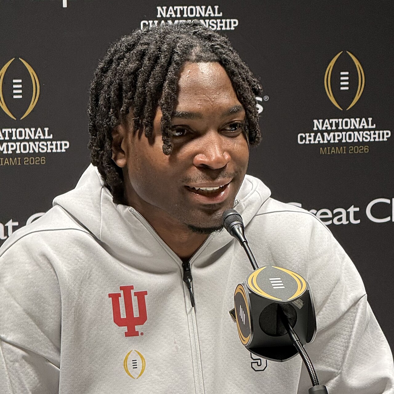 D'Angelo Ponds, cornerback for the Indiana Hoosiers, at the media day press conference in the Miami Beach Convention Center ahead of the 2026 College Football Playoff National Championship versus the 
