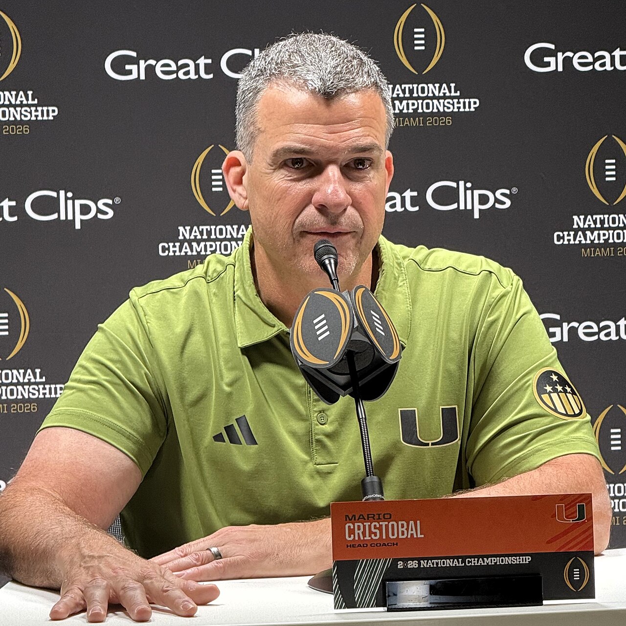 Mario Cristobal, head coach of the Miami Hurricanes, at the media day press conference in the Miami Beach Convention Center ahead of the 2026 College Football Playoff National Championship versus the 