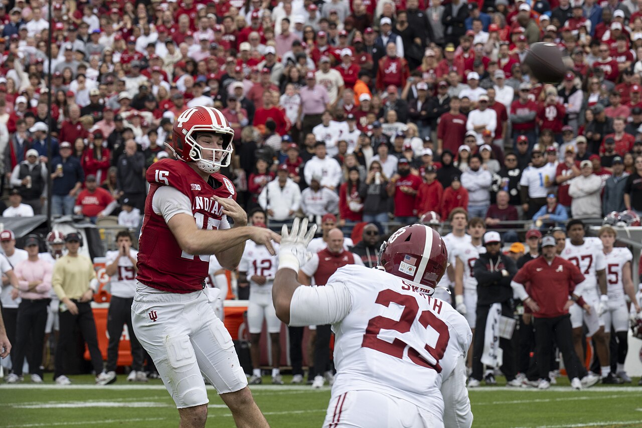 Fernando Mendoza, Indiana University quarterback, number 15, throws the football during the 2026 Rose Bowl at Pasadena, California, Jan. 1, 2026.  The Rose Bowl game, first played in 1902, represents 