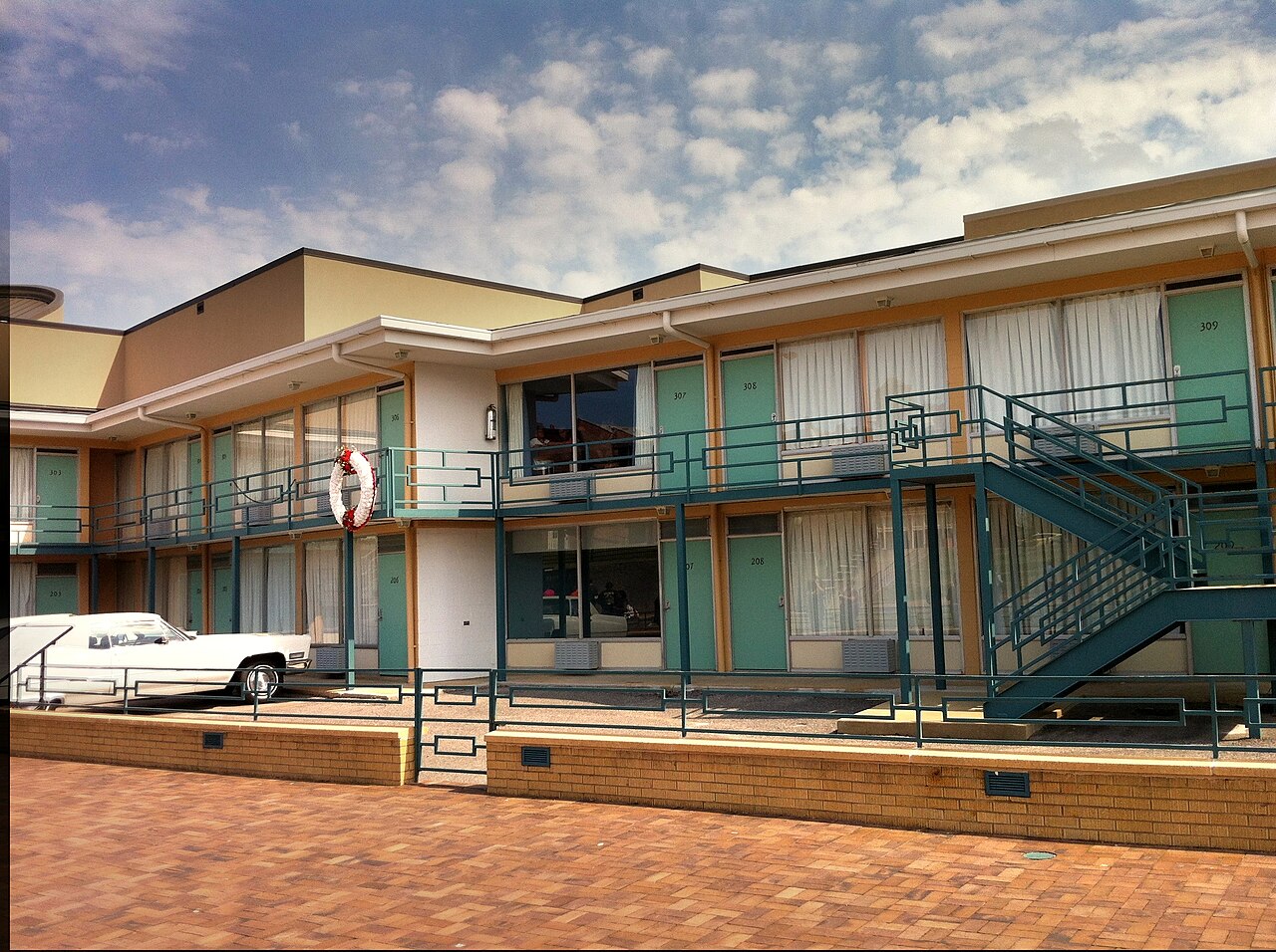 SW-NE view of the site of the assassination of Martin Luther King, Jr. at the Lorraine Motel, site of the National Civil Rights Museum, Memphis, Tn.