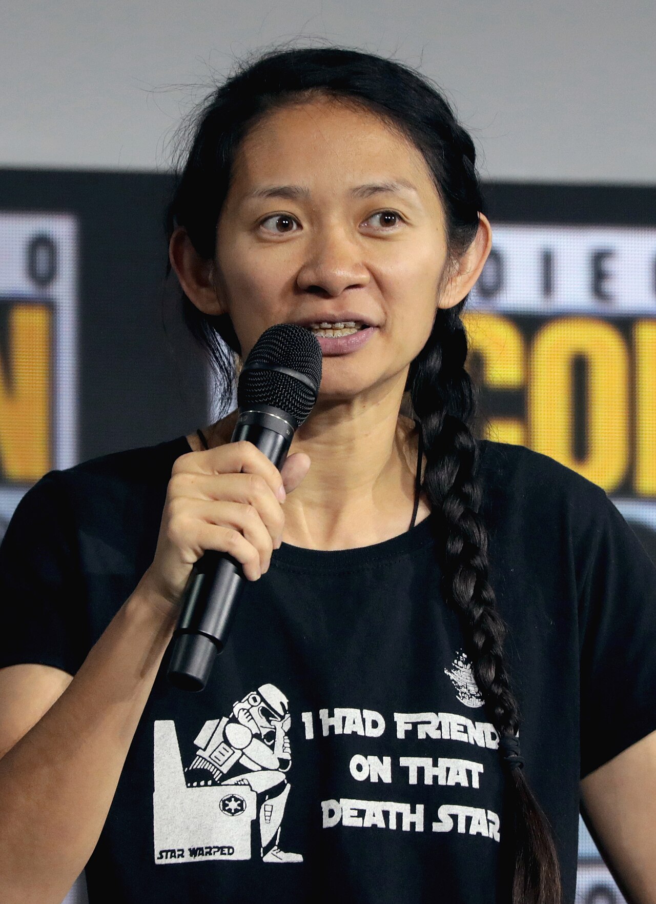 Chloe Zhao speaking at the 2019 San Diego Comic-Con International in San Diego, California.