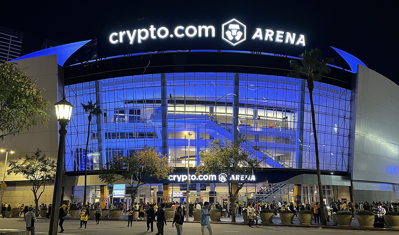Exterior of Crypto.com Arena in 2023 with permanent signage.