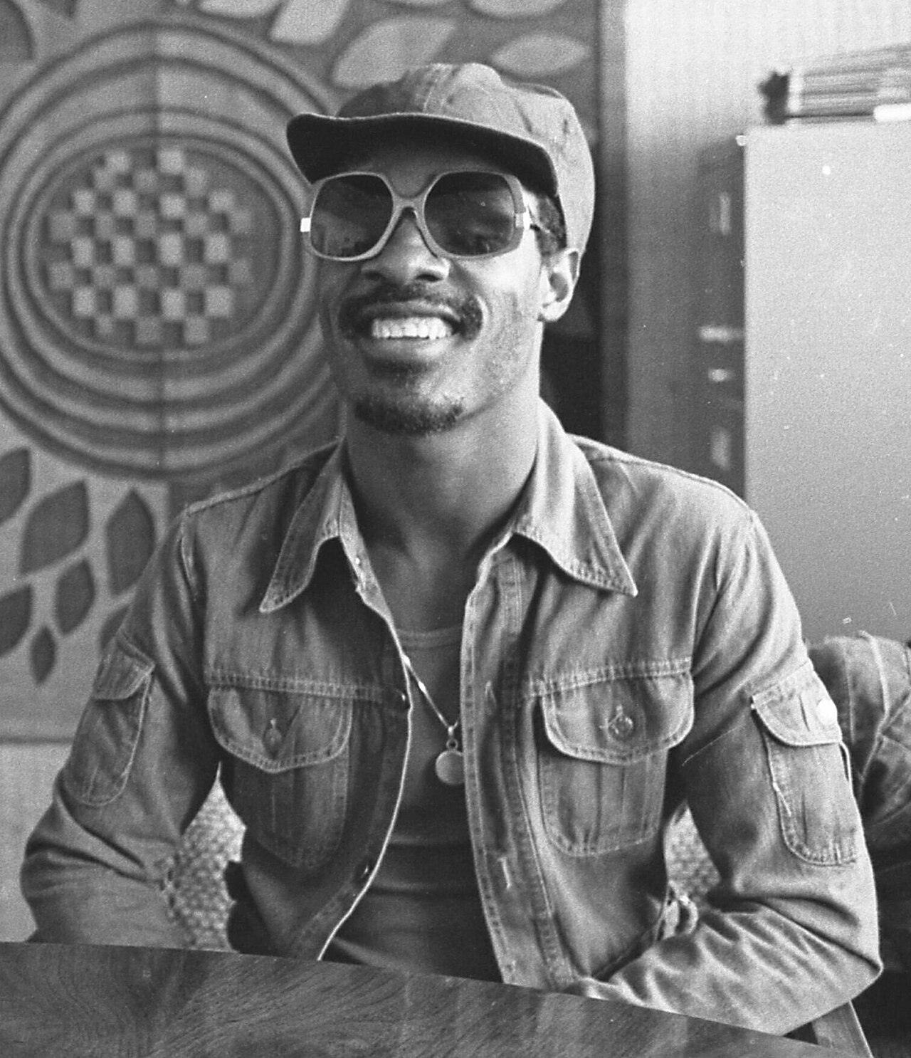 Musician Stevie Wonder with music executive Ewart Abner in Los Angeles, Calif.,
