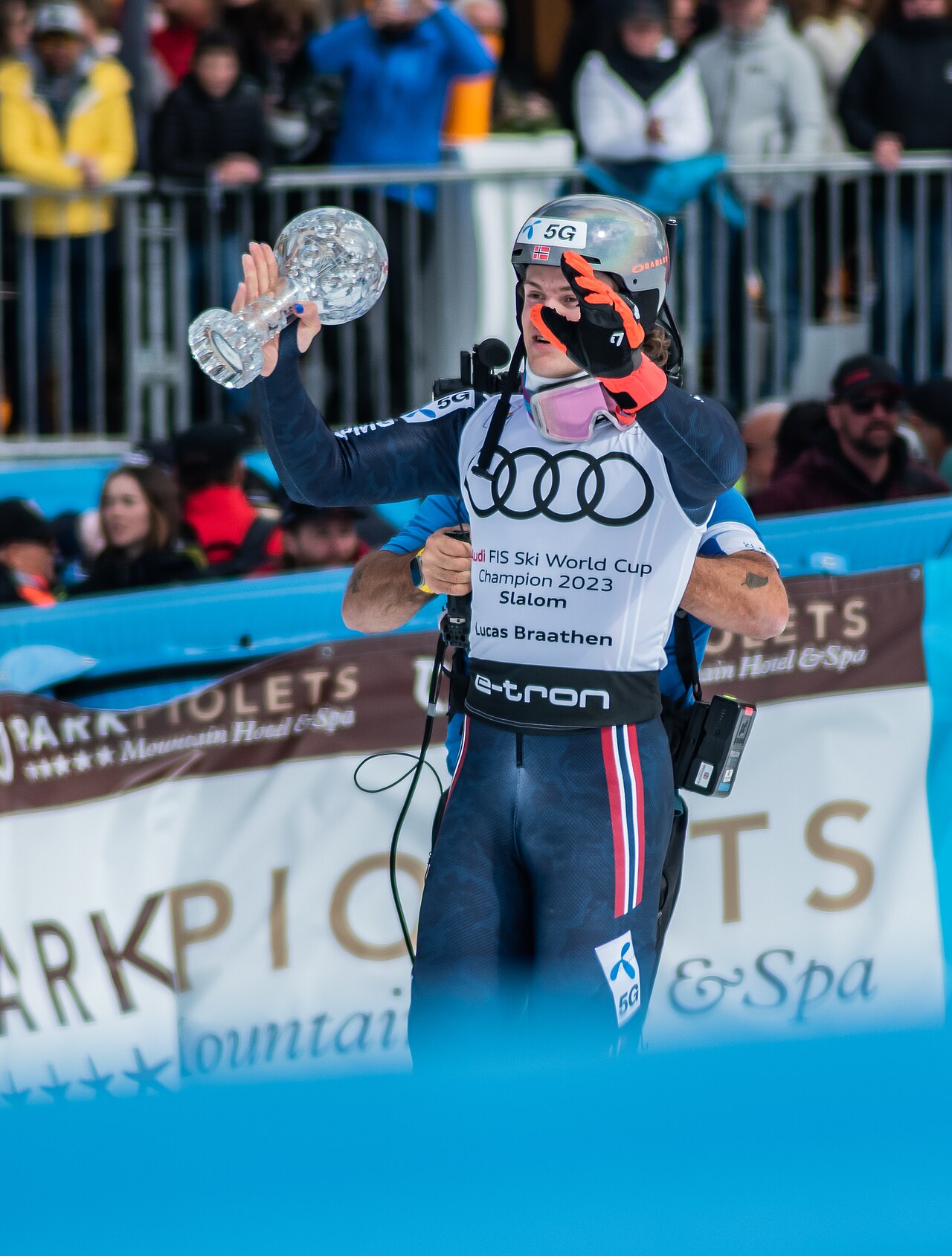 FIS Alpine Skiing World Cup on the Avet slope in Soldeu, Grandvalira, 19 March 2023
Lucas Braathen (NOR) with the Small Crystal Globe trophy awarded by the FIS to the winner of the 2023 Men's Slalom W