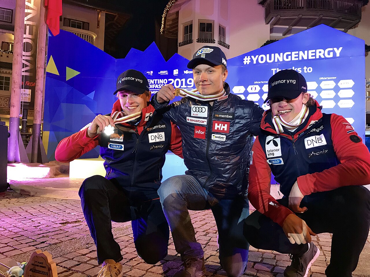 Medal winners of the combined race at the 2019 World Junior Alping Skiing Championships. From left to right: Atle Lie McGrath (NOR), Tobias Hedström (SWE), Lucas Braathen (NOR)