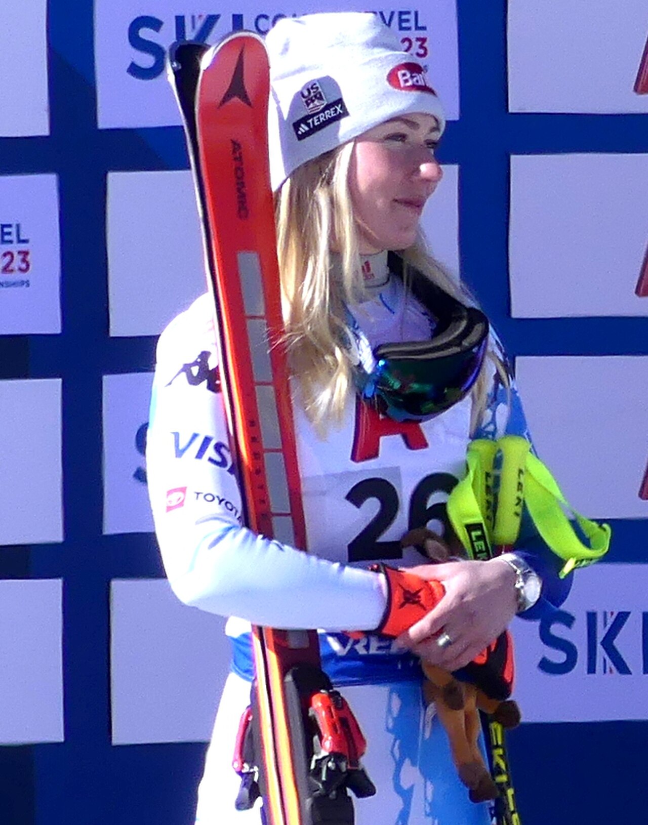 Mikaela Shiffrin (USA) on the podium of the Women's Super G which occured the 3rd day of the 47th FIS Alpine World Ski Championships taking place in Méribel ski resort, in Savoie, France.1. Marta Bass