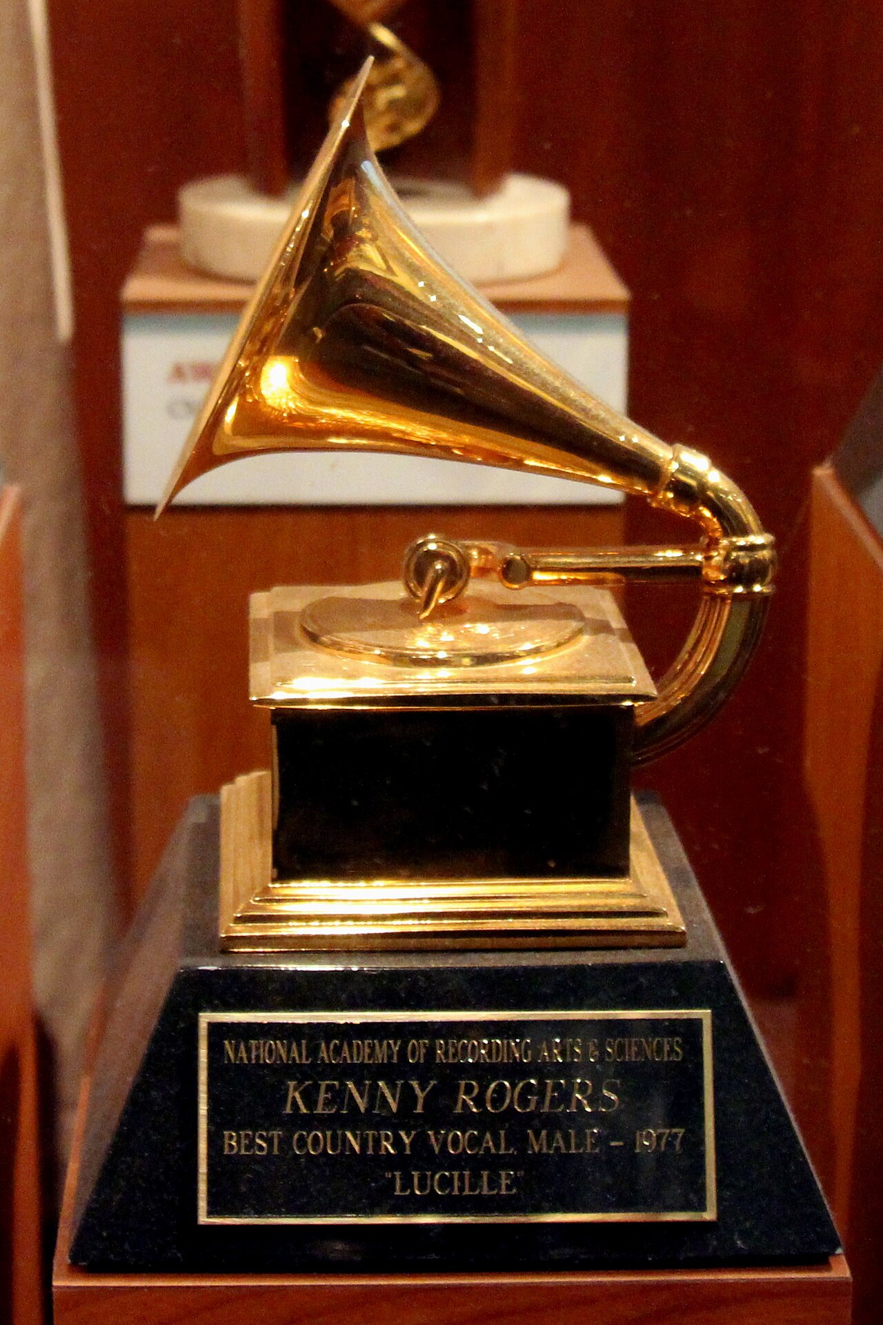 Grammy Statuettes
Country Music Hall of Fame Nashville, Tennessee
Grammy Award trophies - Kenny Rogers "The Gambler" (1979) vocal performance, "Lucille" (1977) vocal, and Larry Butler (1979) producer 
