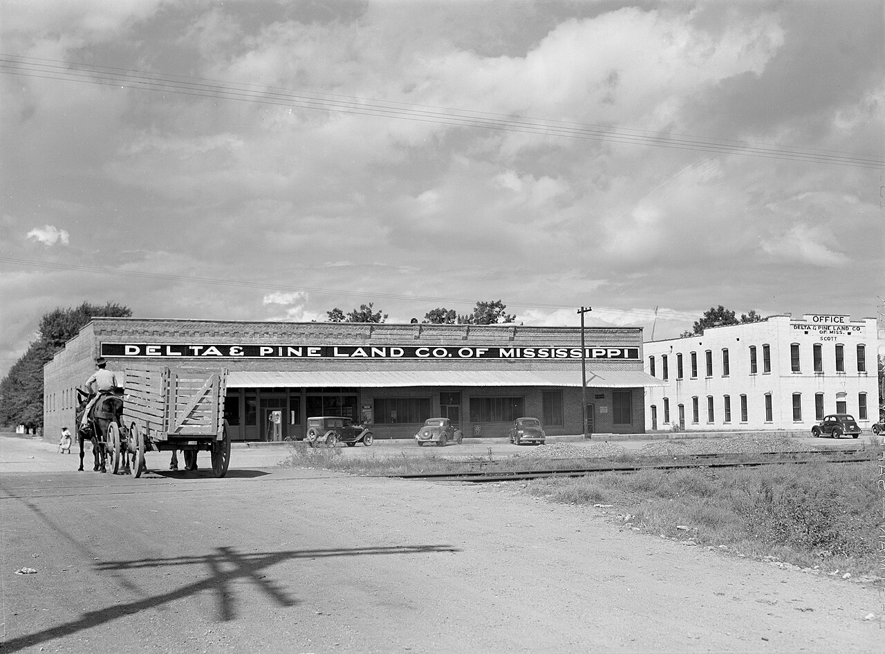Offices of Delta and Pine Land Company of Mississippi, located in Scott, Mississippi.  In the 1930s, Delta &amp; Pine operated one of the largest cotton plantations in the Mississippi Delta.